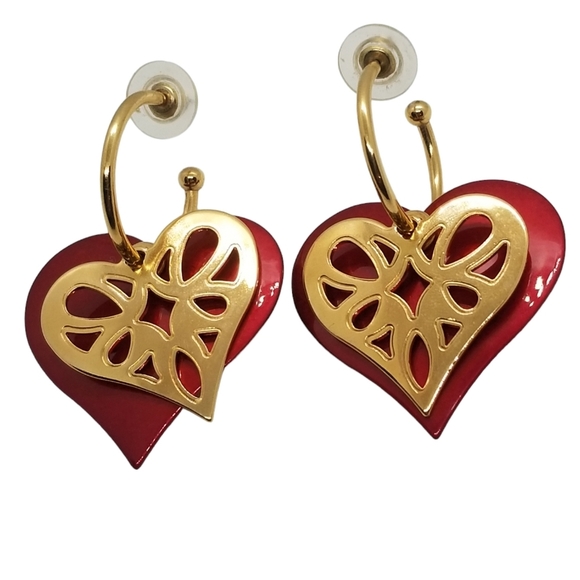 VINTAGE GOLD & RED HEART DROP HALF HOOP STATEMENT EARRINGS - Picture 4 of 5